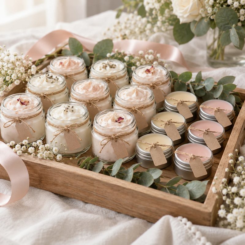 Tray of small body butter and lip balm favors with tags