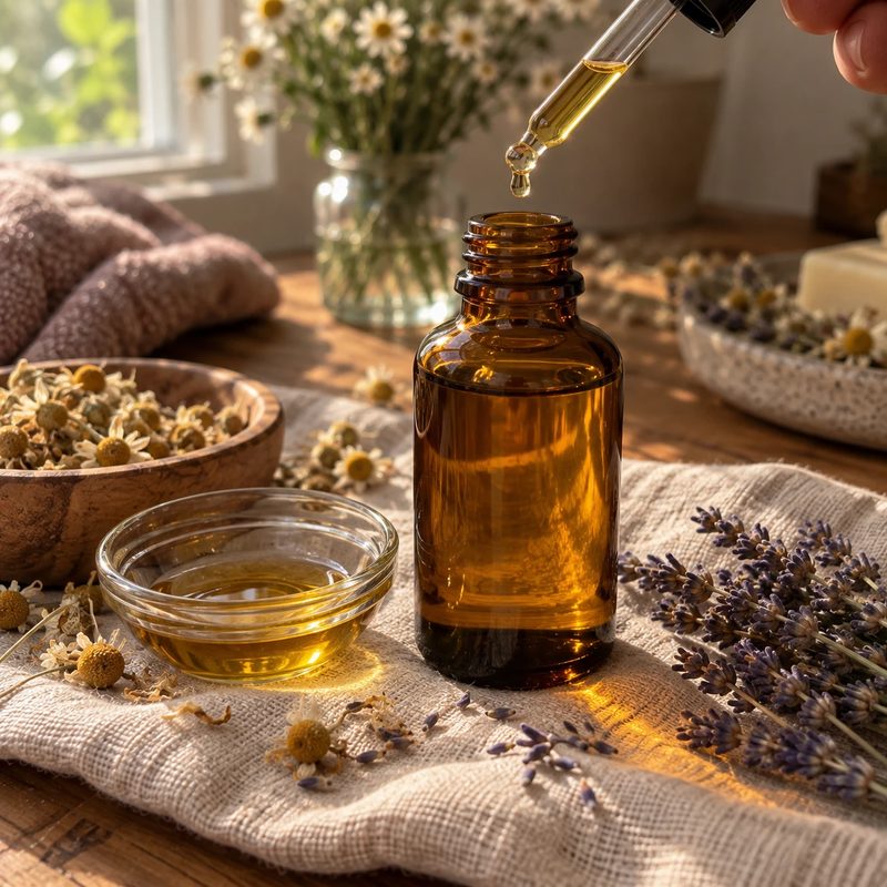Amber bottle of homemade body oil