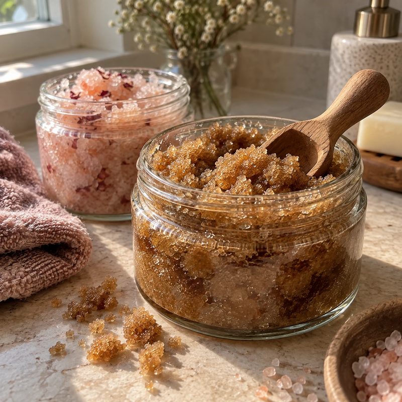 Homemade sugar scrub in a glass jar