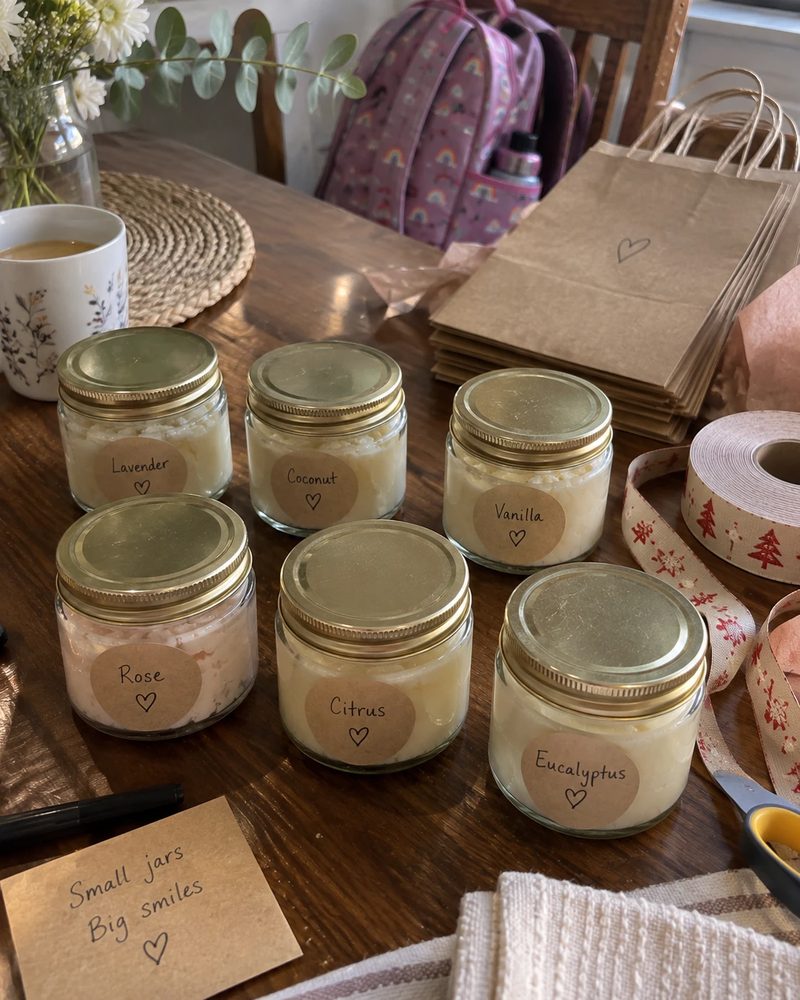 Six labeled jars of homemade body butter ready as gifts