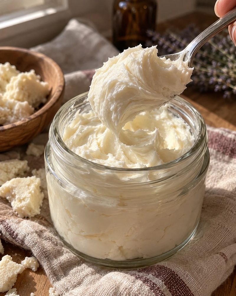 A spoonful of smooth whipped body butter lifted from a glass jar