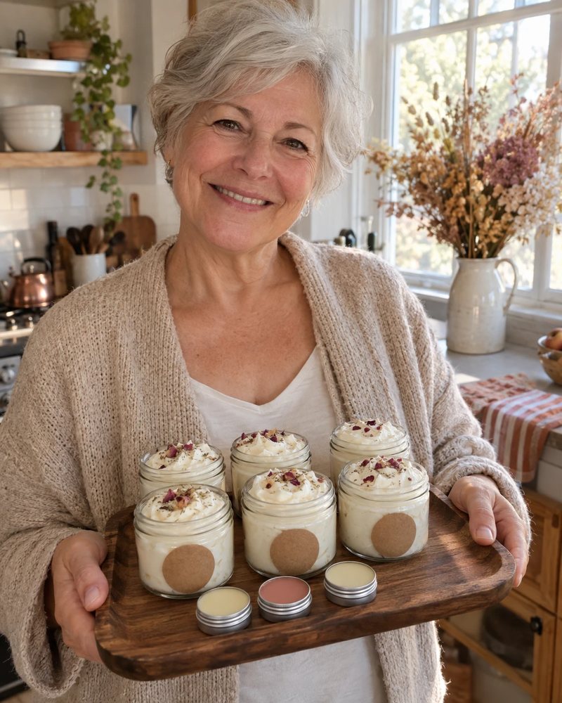 A woman holding a tray of finished, labeled jars of homemade body butter